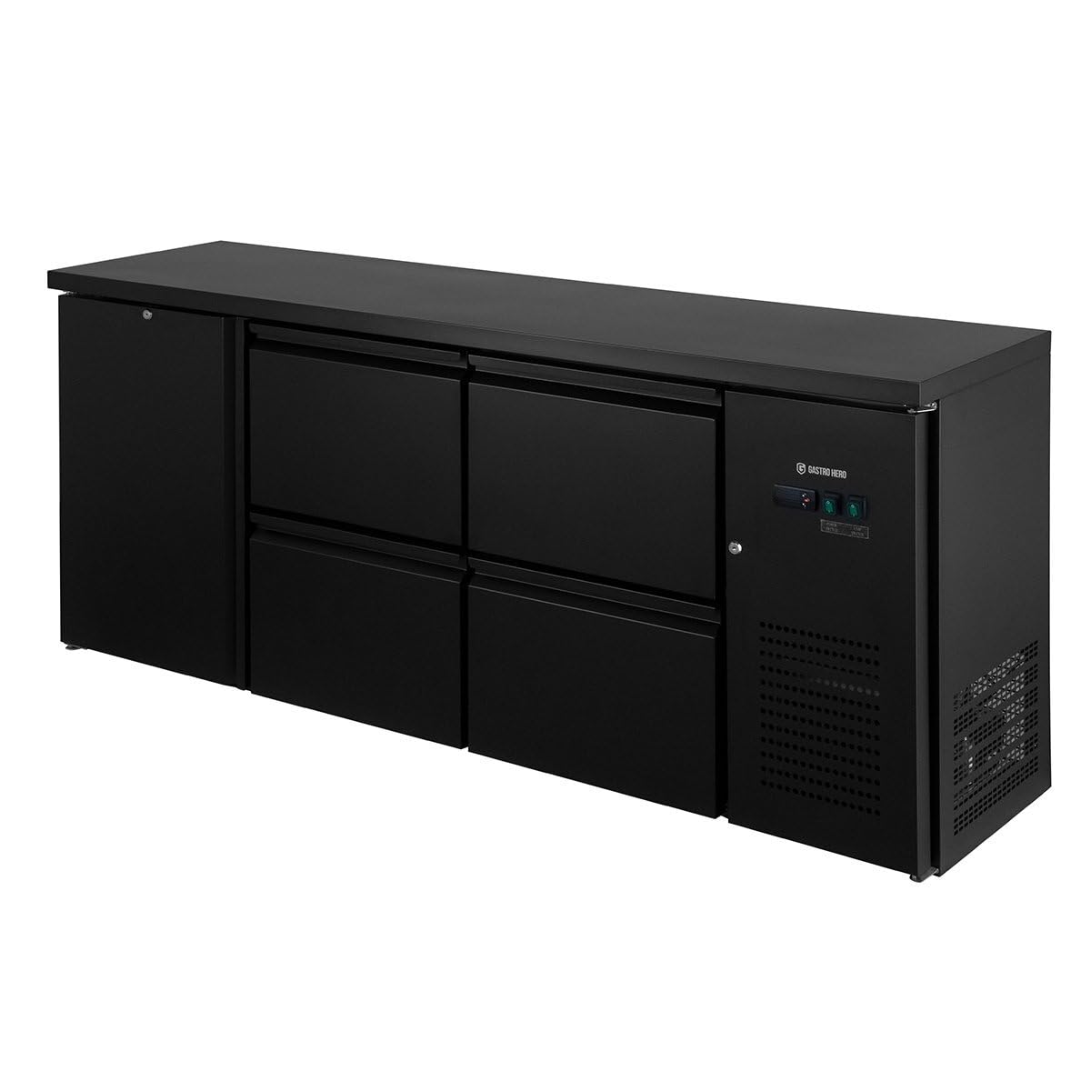 GastroHero Barkühltisch 1 Tür 4 Schubladen 2005 mm Getränkekühler Umluftkühlung +2 bis +8 °C LED 509 Liter Gastro Kühltisch Bar