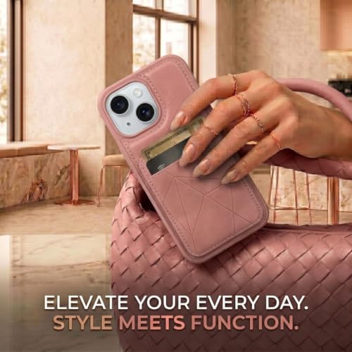 Image of amazon basics Premium Vegan Leather Back Cover with Card Holder and Integrated Mobile Stand for iPhone 15 - Slim Shockproof Wallet Case with Geometric Stitching [Pink]