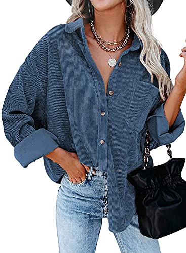 Women s Corduroy Button Down Pocket Shirts Casual Long Sleeve Oversized Blouses Tops 6016 Dark Blue Large