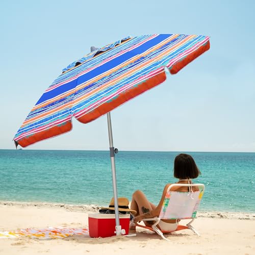 Image of AMMSUN 7ft Beach Umbrella with Sand Anchor Portable Outdoor Patio Sun Shelter UPF50+ Protection & Tilt Aluminum Pole Air Vent with Carry Bag for Beach Patio Garden Outdoor Multicolor Blue