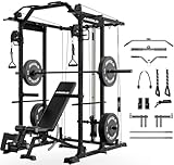 Mikolo K6 Power Cage, Power Rack with Cable Crossover System, Home Gym Packages with Weight Bench, Olympic Barbell, 230b Rubber Weight Set-Black