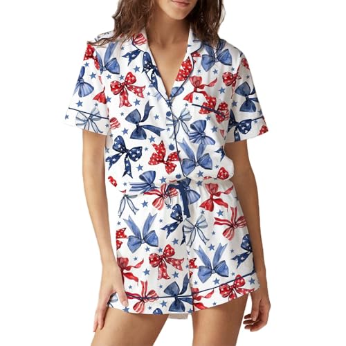 Image of Argeousgor Women 4th Of July Pajama Sets American Flag Short Sleeve Shirt and Shorts 2 Piece Independence Day Pajamas Set
