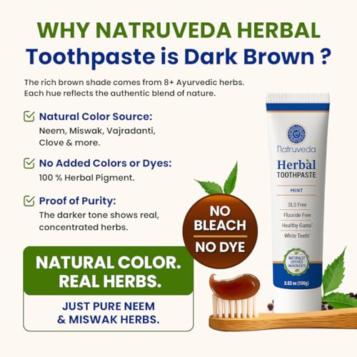 Image of Natruveda Neem Herbal Toothpaste with Complimentary Copper Tongue Scraper | Fluoride Free, SLS Free, Natural Toothpaste for Adults | Ayurvedic Oral Care with Mint & 8 Herbal Ingredients | 3.52 oz
