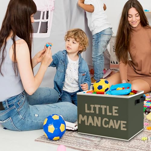 Image of Little Man Cave Boys Storage Bins Box with Handles, Olive Green Boho Collapsible Basket Organizer for Kids Boys Playroom Nursery Room Bedroom Bathroom Books Clothes