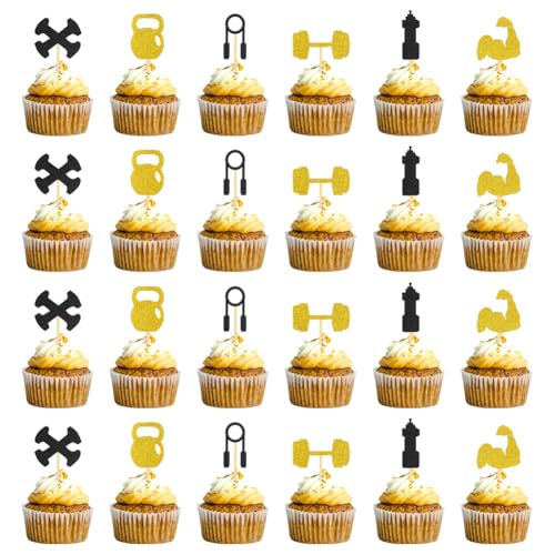 Decoración para cupcakes de gimnasio, decoración para cupcakes con temática de fitness, pesas rusas con purpurina negra y dorada, mancuernas de entrenamiento para fiestas temáticas de fitness