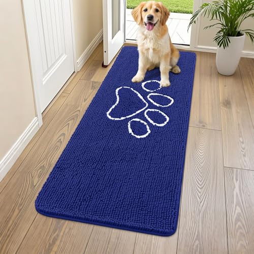 Image of Smiry Dog Door Mat for Muddy Paws, Absorbent Dirt Trapper Non Slip Quick Dry Washable Chenille Mat for Mud Dogs, Entry Rug for Indoor and Outdoor (59x24 Inches, Navy Blue and White)