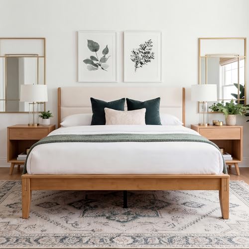 Yechen Japanese Joinery Bamboo King Bed Frame with Upholstered Headboard, Mid-Century FSC-Certified Solid Bamboo Wood Platform Beds, Noise-Free with Metal Support, Easy Assembly, No Box Spring Needed