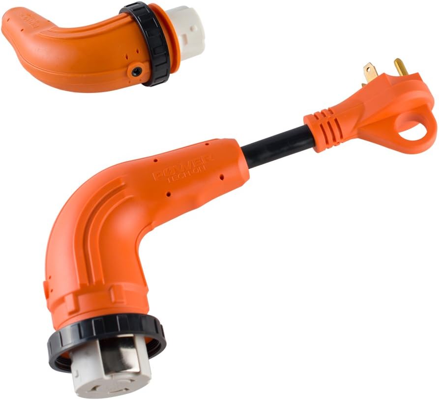 12-inch 90-Degree Dog Bone RV Adapter with Twist Lock (30 Amp Male / 50 Amp Female)