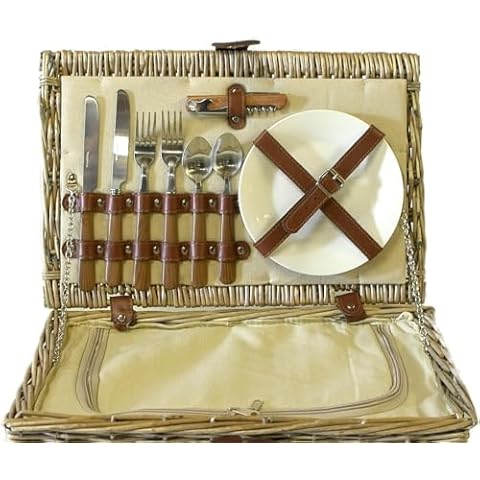 Cream Lined Wicker Picnic Basket with Cooler Cover