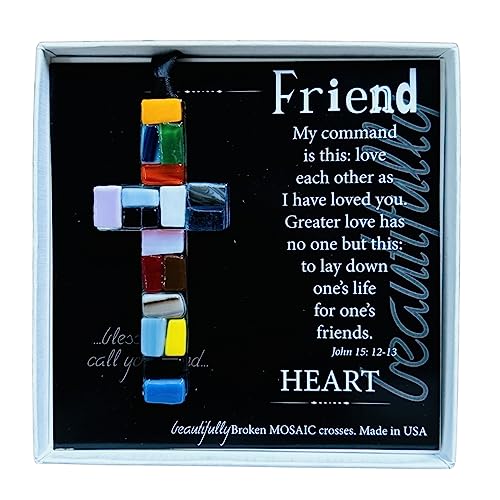 The Grandparent Gift Co. Friend, John 15:12 Beautifully Broken Mosaic Glass Cross in Scripture Box