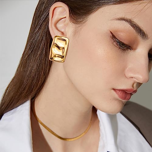 Chunky Gold Rectangle Stud Earrings for Women, Dainty Thick Stud Earrings, Minimalist Geometric Earrings for Women (Silver Gold 2pcs) by SERYNOW - Used condition - Image 2