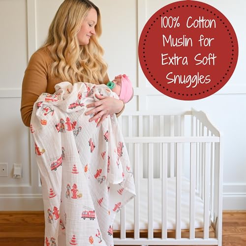 Image of LollyBanks Muslin Swaddle Blanket, 100% Muslin Cotton Swaddle Blankets for Baby Boys, 47 X 47 Inches Soft and Cozy Blankets for Newborn Baby, Newborn Essential, Registry (Fireman Dog Print)