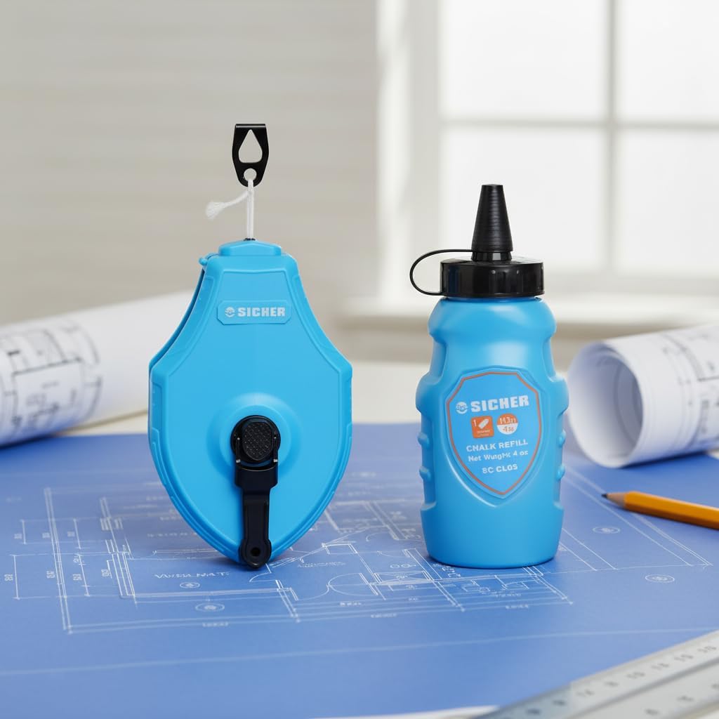 SICHER Chalk Line Reel Set, 100ft Chalk Box with 4 oz Blue Chalk Refill, 2-Piece Carpentry & Construction Marking Tool, Durable Tool for Woodworking & Masonry