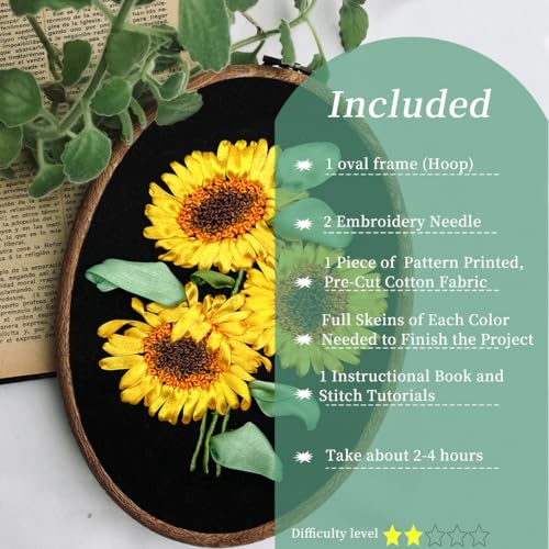 Image of FONNUY Ribbon Embroidery 3D Flowers Pattern Design Kit Embroidery DIY Handwork Set Oval Home Decoration (Sunflower)