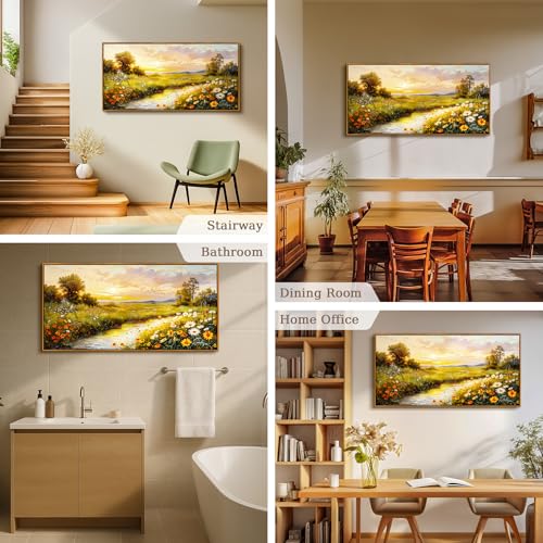 crmotu Landscape Wall Art, Floral Wall Decor, Large Framed Wall Art, Countryside Sunset Scenic Canvas Prints, Meadow Wildflowers Aesthetic Paintings Wall Decor Living Room Bedroom Bathroom 24x48inch