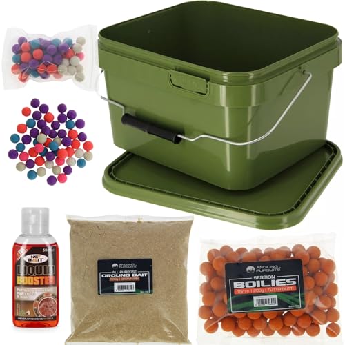 5L Square Bait Bucket with Boilies Liquid Booster Groundbait Mix & Pop-Up Bait – Durable Storage for Fishing Bait, Flavored Boosters & Mix for Carp Bream & Tench