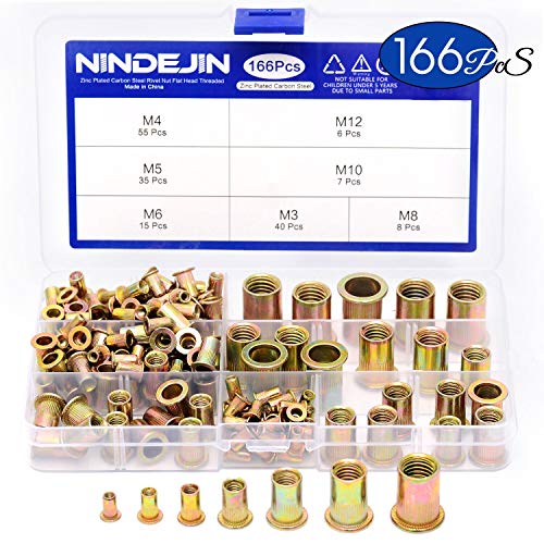 166Pcs NINDEJIN gemischte Nietmutter aus Kohlenstoffstahl, verzinktes Gelb-Finish, verzinktes Gelb-Finish, Nutset-Set mit flachem Kopfeinsatz M3 M4 M5 M6 M8