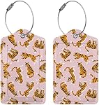 2 Pack Tigres mignons Balises de bagage rose pour Valises, Tag de bagages en cuir avec LoopName Id Cover Travel Bag Etiquettes Set pour Femmes Hommes Garçons Filles Enfants
