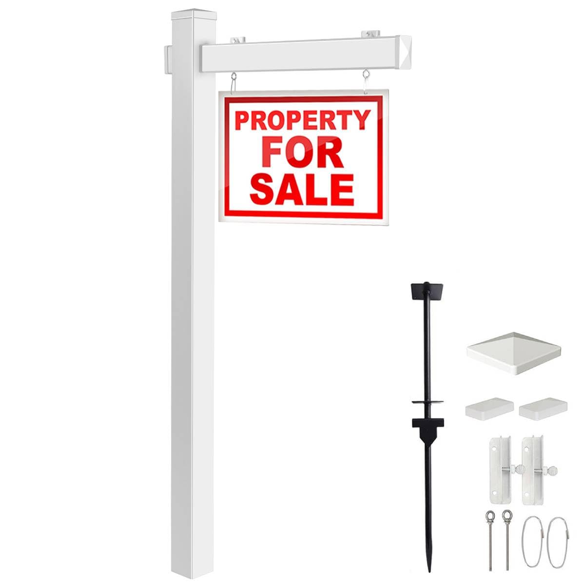 COSTWAY Vinyl PVC Real Estate Sign Post, 6FT Commercial Grade Sign Holder with Rustproof Stake, Realtor Yard Post Stand for Open House and Home for Sale, 36" Arm Holds Up to 24" Sign(No Sign)