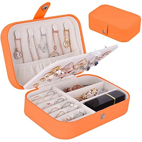 jiemei Jewelry Box, Travel Jewelry Organizer Cases with Doubel Layer for Women’s Necklace Earrings Rings and Travel Accessories (Orange) Cover