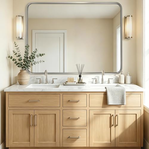 Image of ANDY STAR 36x48'' Brushed Nickel Bathroom Mirror | Rustproof Stainless Steel Frame, Large Rounded Rectangle Bathroom Vanity Mirrors for Over Sinks, Wall Mounted, HD Glass