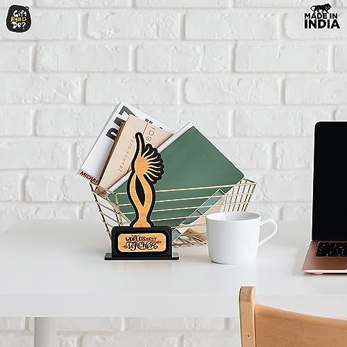 Image of GKD Gift for Teacher Awards and Trophy Worlds Best Teacher Beautiful Momento Teachers Day Gift Black and Bamboo Design with Wooden Cutwork Farewell Gift for Teacher (Size 10x6)