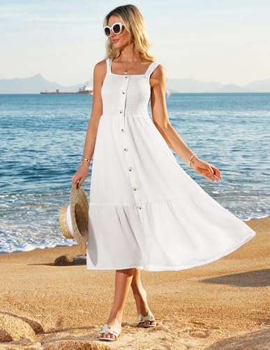 GRACE KARIN Womens Summer 2025 Midi Dress Spaghetti Strap Smocked Button Casual A Line Long Beach Flowy Sun Dresses Pockets White - Image 5