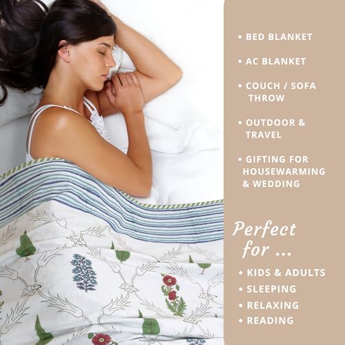 Image of TOAIArt Premium Jaipuri Dohar | AC Blanket Summer Quilt | Hand Block Printed | 3 Layers | Reversible | 150GSM 100% Mulmul Cotton | 100% Cotton Flannel Filling | Queen 90 inch X 108 inch |Adil Jaal
