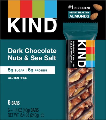 Image of KIND Nut Bars, Dark Chocolate Nuts and Sea Salt, Healthy Snacks, Gluten Free, Low Sugar, 6g Protein, 6 Count (Pack of 4)