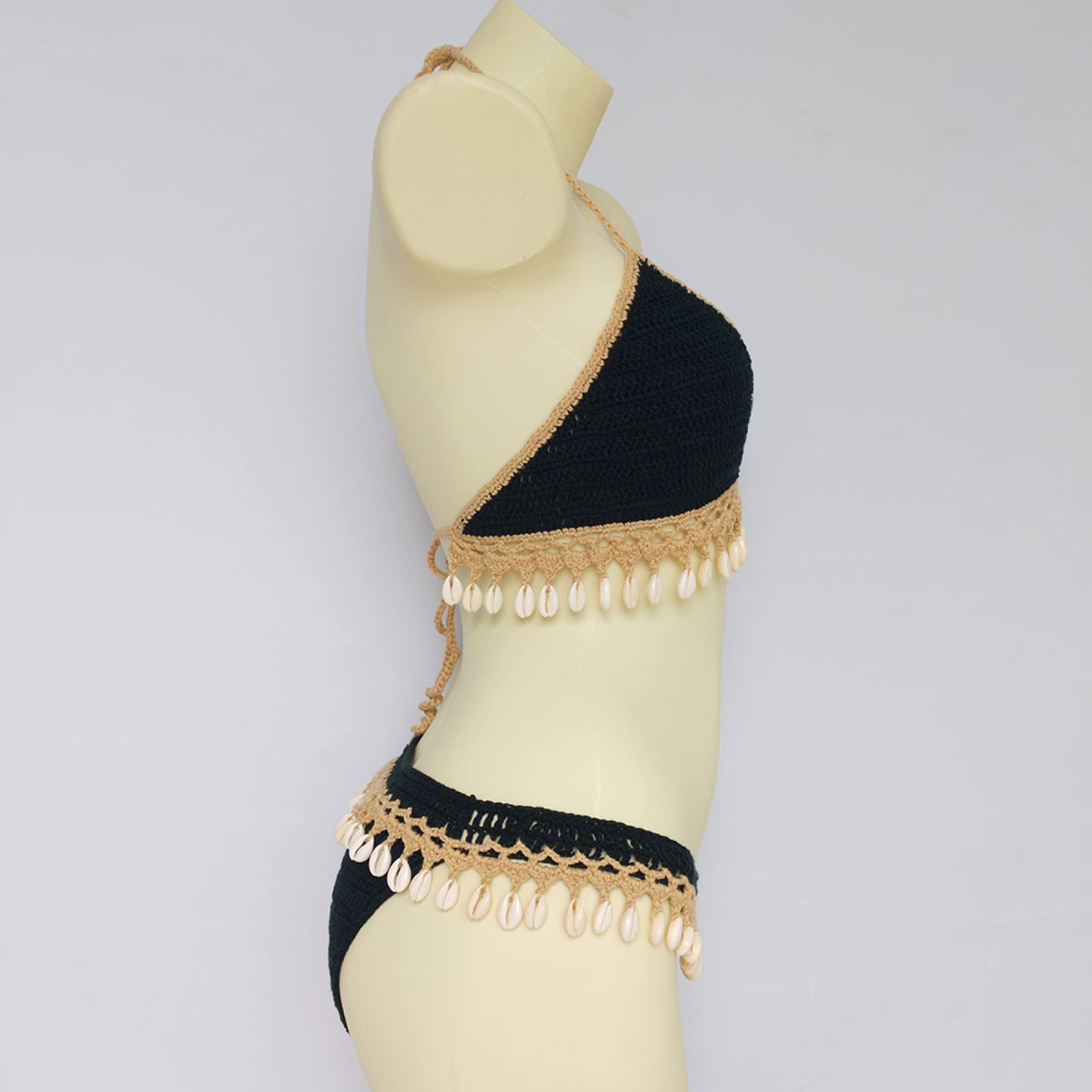 Conjunto De Bikini Sin Espalda con Cuello Colgante Sexy De Verano Traje De Baño De Ganchillo Hecho A Mano Negro Ropa De Playa con Borlas De Concha A La Moda Lencería