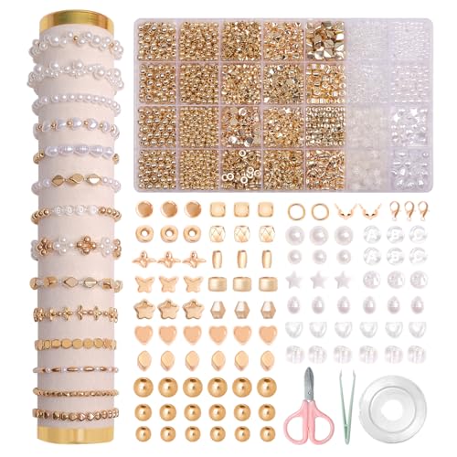 JHWELRG Perlen Weiß Set,Bastelperlen zum Auffädeln,Goldene Perlen für DIY Perlen Set Schmuck Bracelet Making Kit,Feiertage,Partys,Weihnachten