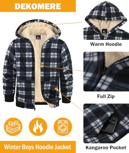 Image of Boys Fleece Jacket with Hood Unisex Child Sherpa Lined Zip Up Warm Coat Hooded Sweatshirt Outerwear