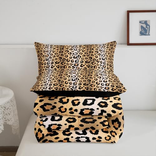 Image of Feelyou Kids Brown Leopard Comforter Twin Size, Safari Animal Fur Print Bedding Set Leopard Stripes Comforter Set for Kids Boys Girls Animal Fur Duvet Set Bed Set 2Pcs