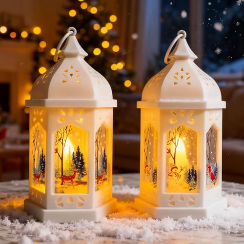 Weihnachtsdeko Laterne, 2 Stück Weihnachtslaterne mit Timer, 18cm LED Weihnachtsbeleuchtung Innen Beleuchtete Windlicht Weihnachten, Weihnachtsdekoration Innen Laterne Weihnachten Tischdeko
