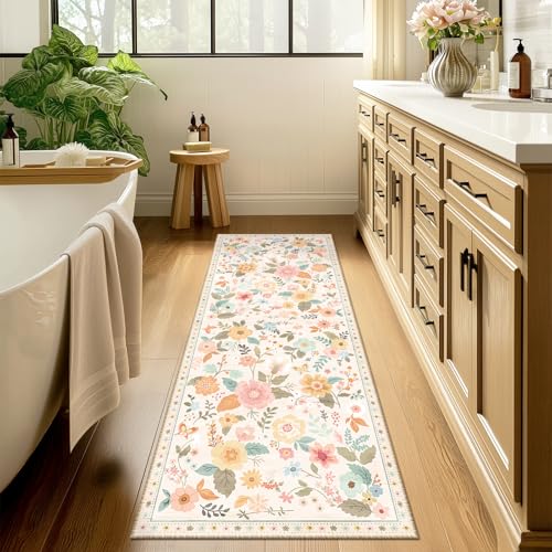 Floral 2x6 Area Rug Machine Washable Soft Print Boho Carpet Non Slip Doormat Low Pile Flower Area Rugs for Living Room Bedroom Nursery Kitchen Dining Room Indoor-Beige/White/Orange