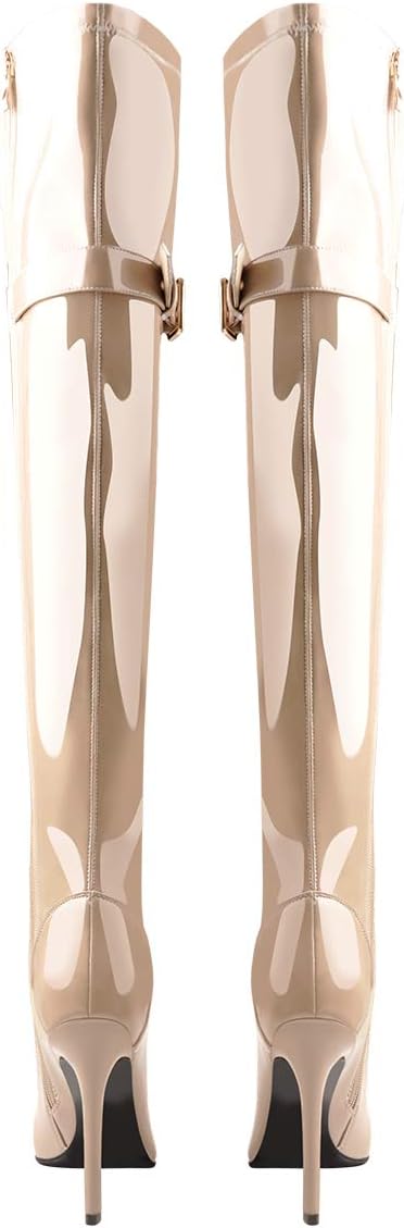 Only maker Women’s Pointed Toe Over the Knee Boots – Patent Leather Lace-Up Stiletto High Heels with Strap & Buckle Detail