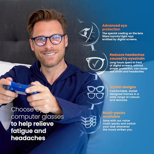 Image of OPULIZE SEE Reading Glasses with Blue Light Blocking for Women and Men, Narrow Frame, Spring Hinges, Computer Gaming Glasses, Brown Blue Arm +1 (Pack of 1)