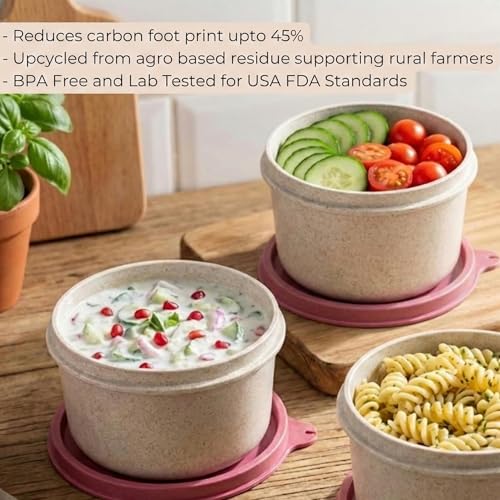 Image of Happy Cove Eco Friendly Lunch Box for Office Use, Made of Wheat Straw and Rice Husk, 3 Microwave Safe Pink Containers, Tiffin Box for Men with Lunch Bag, Microwave Safe, Oven Safe, Unbreakable
