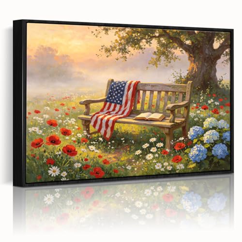 Image of American Flag Framed Canvas Wall Art, 4th of July Floral Canvas Prints, Wildflower Landscape Patriotic Decorations, Vintage Rustic Independence Day Wall Decor for Bedroom Living Room Office 11x14