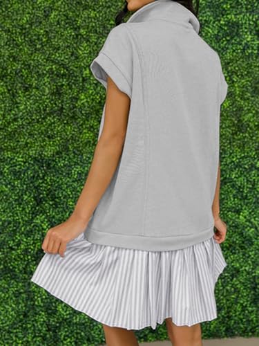 Image of Women's V Neck Short Sleeve Summer Dress Cap Sleeve Casual Loose Fit Pleated Striped Shirt Dress
