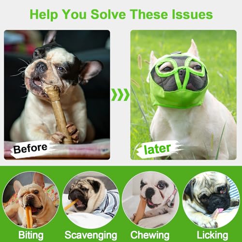 Image of Short Snout Dog Muzzles- Adjustable Breathable Mesh Bulldog Muzzle for Biting Chewing Training Grooming Dog Mask,Green L