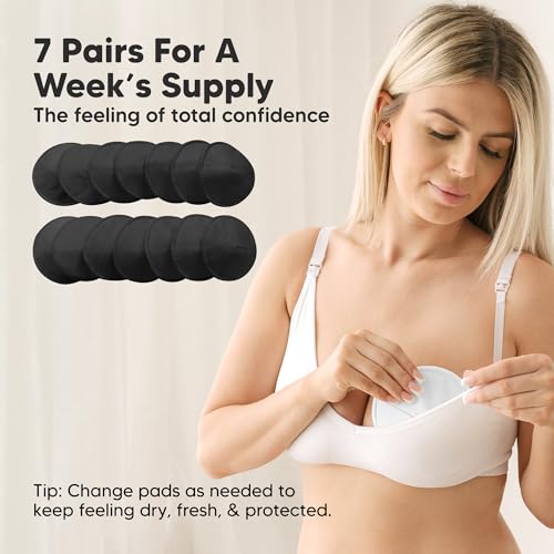 Image of Organic Nursing Pads - 14 Washable Breast Pads for Breastfeeding, Wash Bag, Viscose Derived from Bamboo Reusable Nipple Covers for Breastfeeding Essentials, Soft & Absorbent(Midnight Black, L 5 inch)