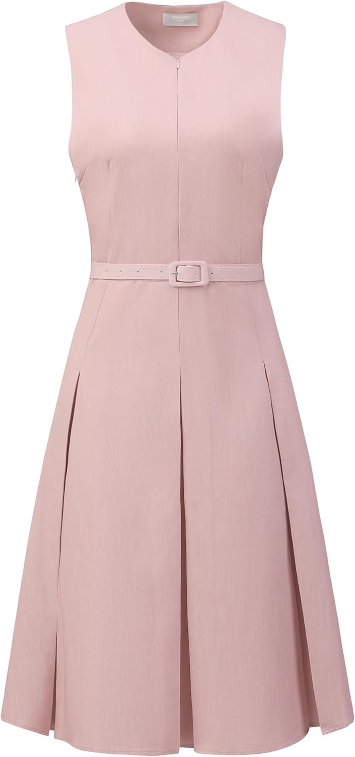 Women's A-Line Dress Sleeveless Zip Up Office Work Flare Pleated Dresses with Belted - Image 3