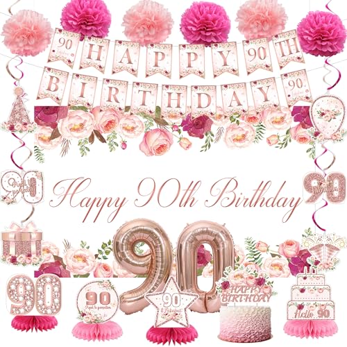 Vlipoeasn Flower 90th Birthday Decorations for Women Rose Gold 90th Birthday Backdrop Banner Cake Topper Honeycomb Hanging Swirl for Party Cheers to 90 Years Old Party Supplies