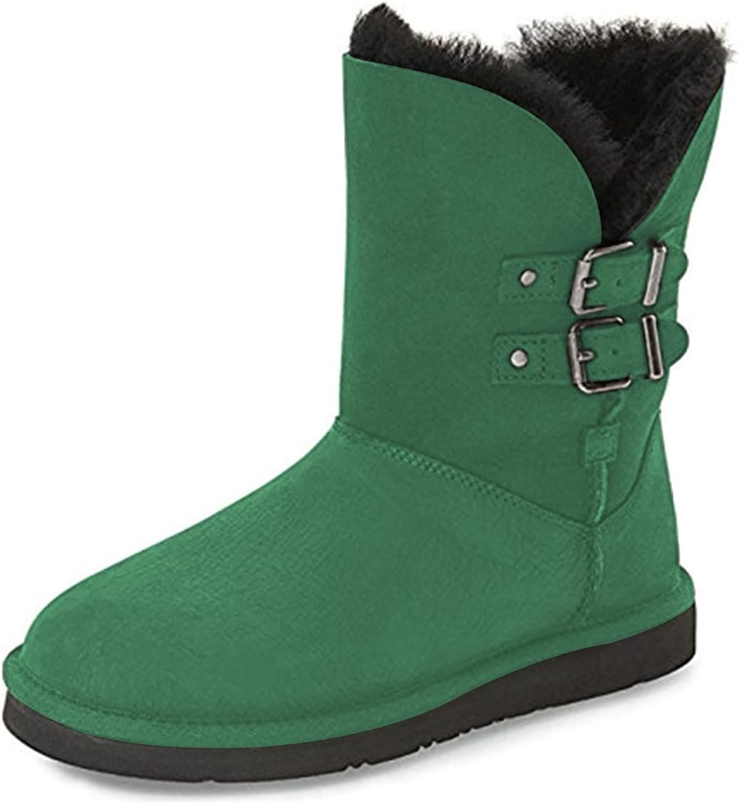 FSJ Women's Mid Calf Fully Fur Lined Winter Snow Boot with Chic Buckles Flat Shoe 4-15 US
