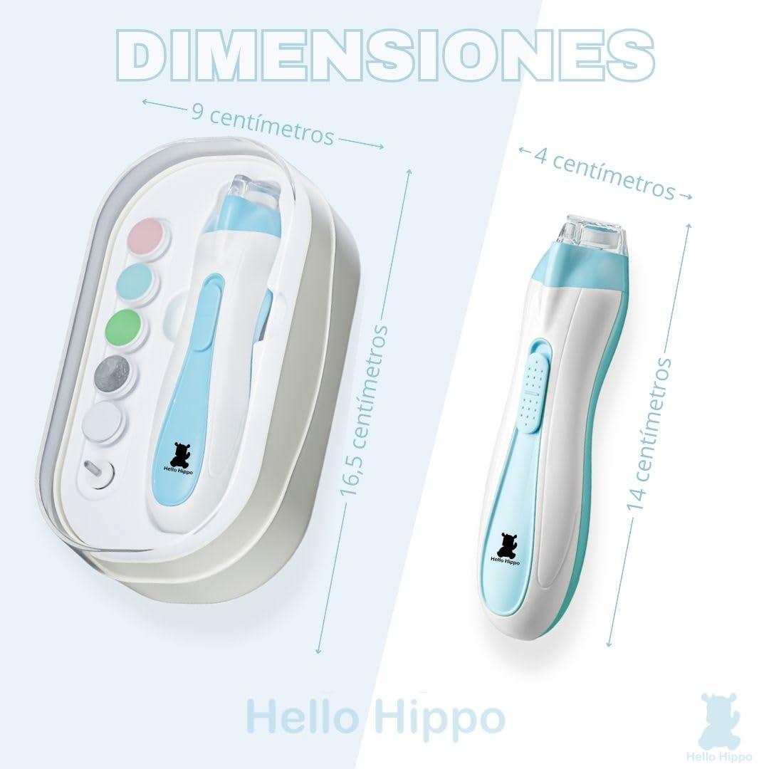 Hello Hippo - Lima de Uñas Eléctrica para Bebé Recién Nacido | Seguridad y Precisión con Luz LED | 4 Velocidades & 6 Cabezas | Kit de Higiene para Bebés Práctico