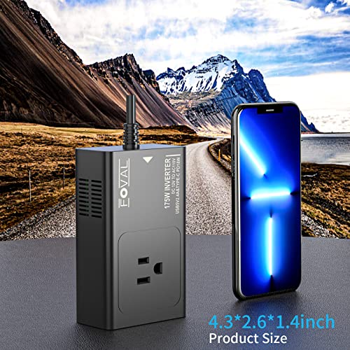 Upgraded FOVAL 175W Power Inverters for Vehicles DC 12V to 110V AC Converter Car Adapter Plug Outlet with [PD USB-C] Multi USB Ports Car Inverter Charger for Laptop Computer