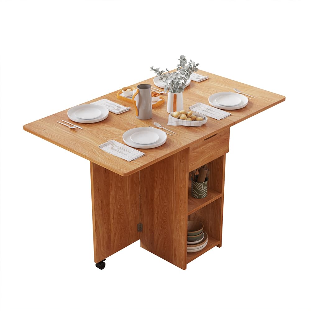 Shally Dogan Tavolo da Pranzo Pieghevole Salvaspazio con Ruote, Scrivania Richiudibile con 2 Ripiani e 1 Cassetto, Design Moderno Multiuso Ideale per Casa, Ufficio, 120 x 77 x 75 cm (Legno)