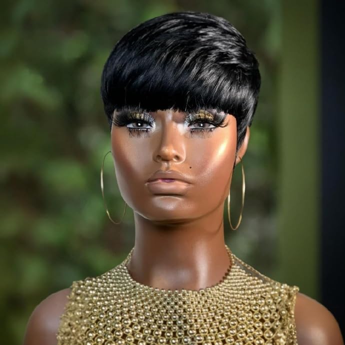 Miniatura 2 de Pelucas de cabello humano para mujeres negras, pelucas cortas de corte Pixie, pelucas cortas de corte de pelo en capas con flequillo, pelucas hechas