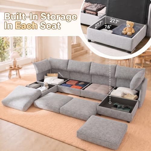 Image of 125 inch 8 Seat Modular Sectional Sleeper Sofa, Chenille Modern Modular Sofa Bed Hidden Storage, Convertible L&U Shaped Sleeper Couch with Ottoman, Couches for Living Room, Gray